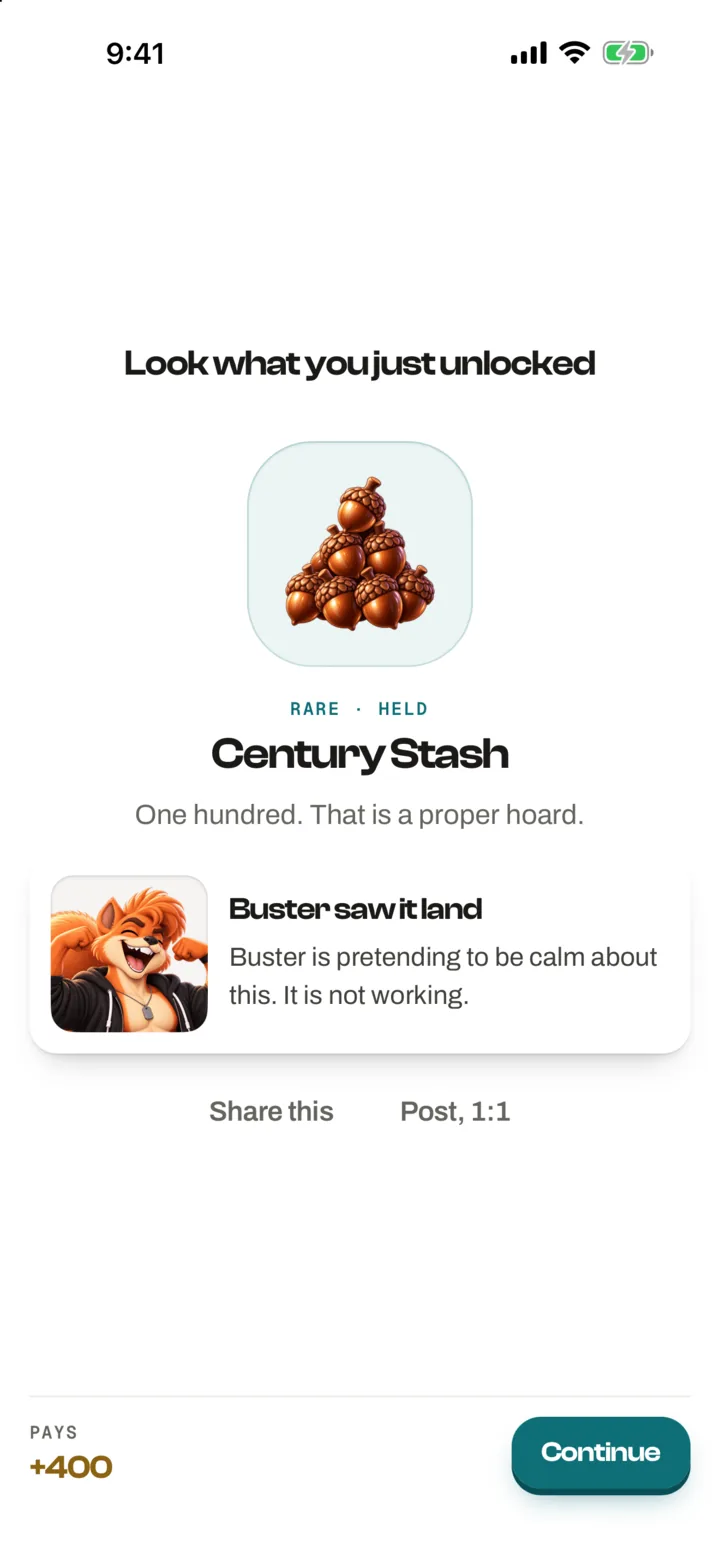 A badge unlocking: Century Stash, rare, with Buster pretending to be calm about it.